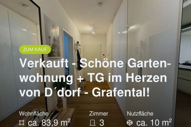 Neu im Angebot: Verkauft – Schöne Gartenwohnung + TG im Herzen von D´dorf – Grafental!