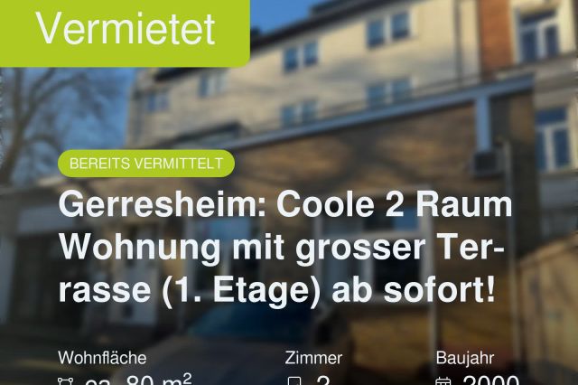 Nicht mehr verfügbar: Gerresheim: Coole 2 Raum Wohnung mit grosser Terrasse (1. Etage) ab sofort!